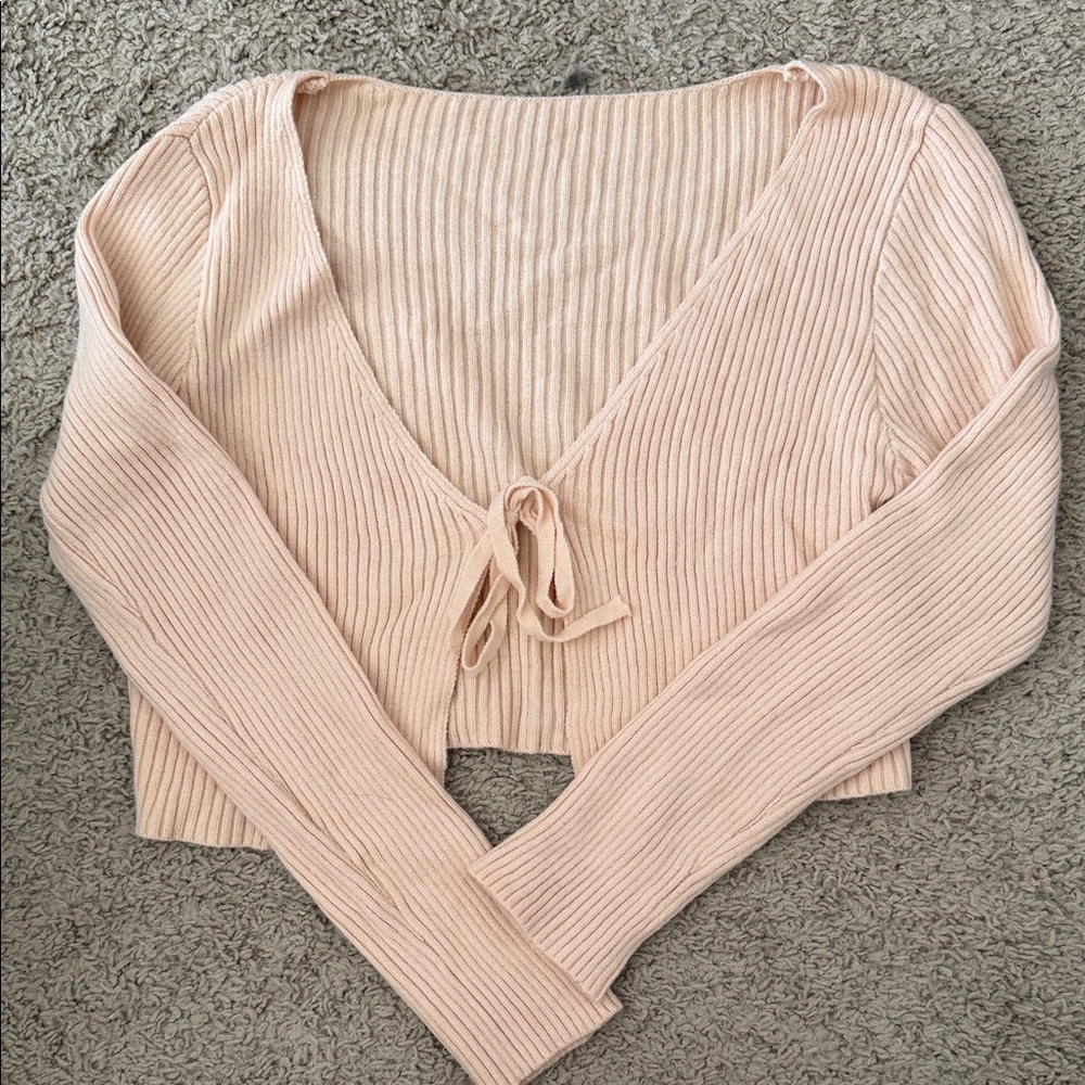 Pink Ribbed Tie-Front Sweater